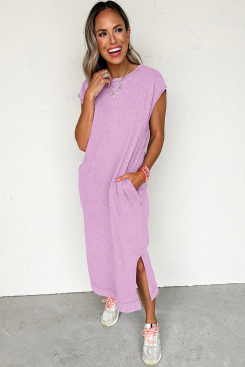 Effortless Cool Mineral Wash Pocketed Side Slit Long T-Shirt Maxi Dress